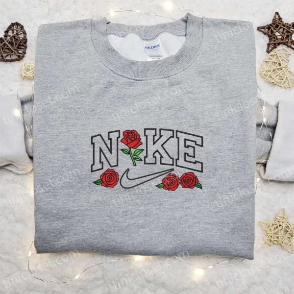 Rose Flower x Nike Embroidered Sweatshirt, Nike Inspired Embroidered Shirt, Best Gift Ideas for Family