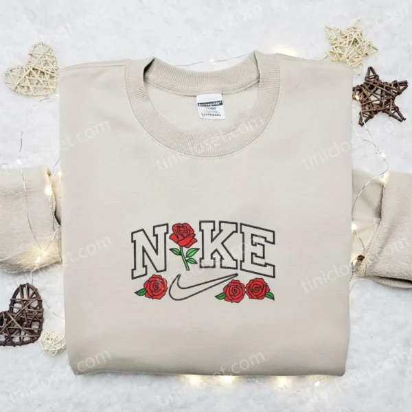 Rose Flower x Nike Embroidered Sweatshirt, Nike Inspired Embroidered Shirt, Best Gift Ideas for Family