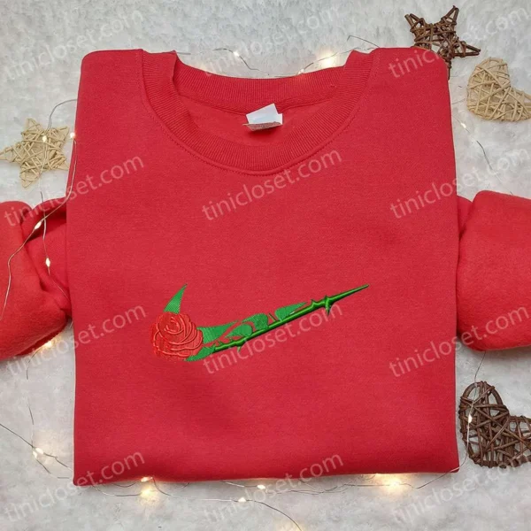 Rose Flower x Swoosh Embroidered Shirt, Custom Embroidered Sweatshirt, Nike Inspired Embroidered Hoodie
