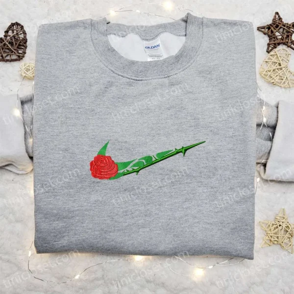 Rose Flower x Swoosh Embroidered Shirt, Custom Embroidered Sweatshirt, Nike Inspired Embroidered Hoodie