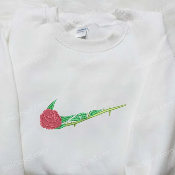 Rose Flower x Swoosh Embroidered Sweatshirt, Custom Embroidered Sweatshirt, Nike Inspired Embroidered Hoodie