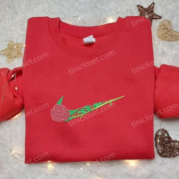 Rose Flower x Swoosh Embroidered Sweatshirt, Custom Embroidered Sweatshirt, Nike Inspired Embroidered Hoodie