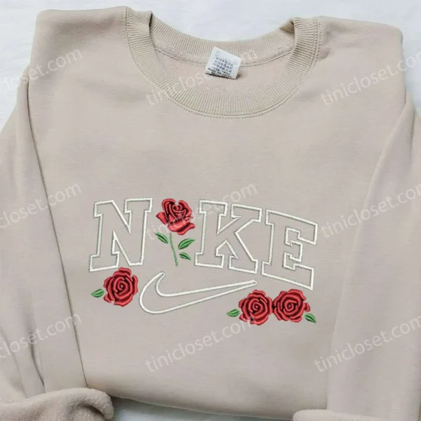 Rose x Nike Embroidered Sweatshirt, Flower Embroidered Shirt, Nike Inspired Embroidered Shirt