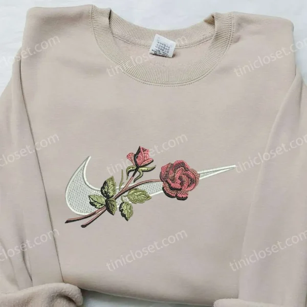 Rose x Nike Swoosh Embroidered Sweatshirt, Flower Embroidered Shirt, Nike Inspired Embroidered Shirt