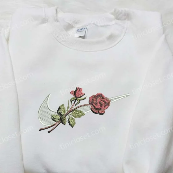Rose x Nike Swoosh Embroidered Sweatshirt, Flower Embroidered Shirt, Nike Inspired Embroidered Shirt