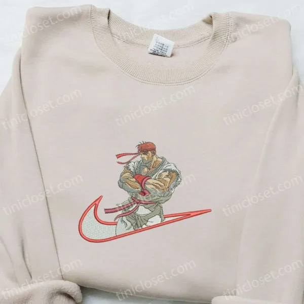 Ryu x Swoosh Embroidered Hoodie, Street Fighter Embroidered Shirt, Best Gift Ideas for Family