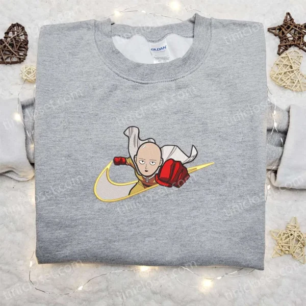 Saitama x Swoosh Anime Embroidered Hoodie, Cool Anime Clothing, Best Gift Ideas for Family
