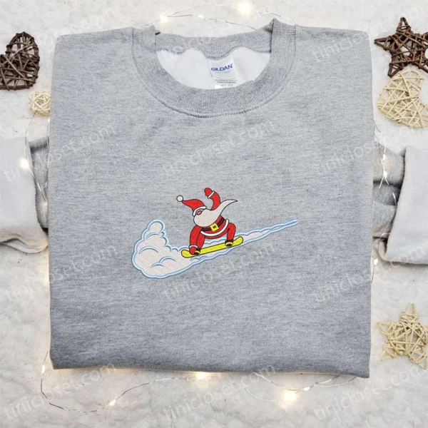 Santa Claus x Swoosh Embroidered Hoodie, Christmas Embroidered Sweatshirt, Custom Embroidered Hoodie