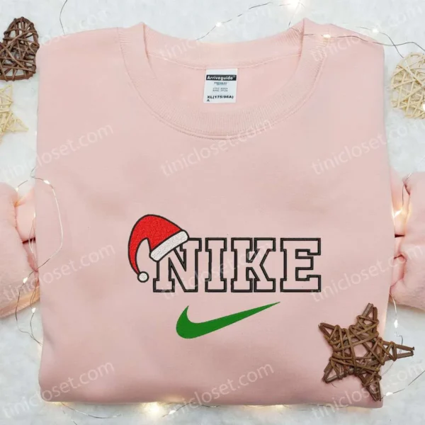 Santa Hat x Nike Embroidered Shirt, Christmas Embroidered Hoodie, Nike Inspired Embroidered Sweatshirt