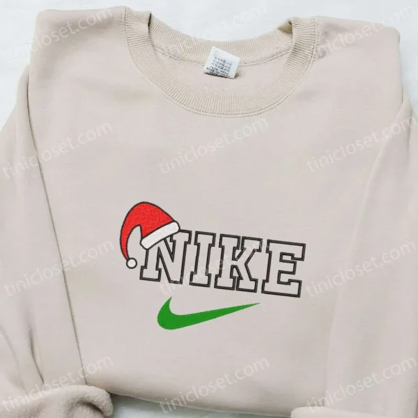 Santa Hat x Nike Embroidered Shirt, Christmas Embroidered Hoodie, Nike Inspired Embroidered Sweatshirt