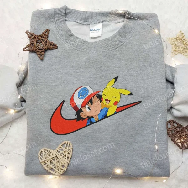 Satoshi and Pikachu x Nike Swoosh Anime Embroidered Hoodie, Pokemon Embroidered Shirt, Nike Inspired Embroidered Shirt