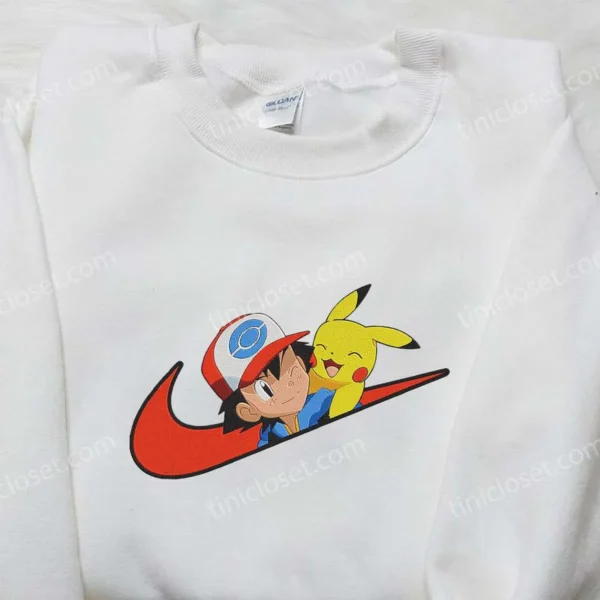 Satoshi and Pikachu x Nike Swoosh Anime Embroidered Hoodie, Pokemon Embroidered Shirt, Nike Inspired Embroidered Shirt