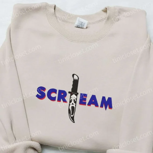 Scream Ghostface Knife Embroidered Shirt, Horror Movie Embroidered T-shirt, Best Gift Ideas for Family
