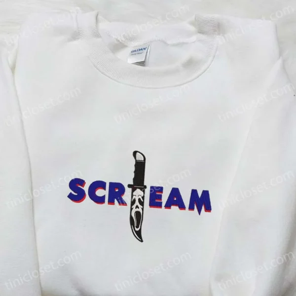 Scream Ghostface Knife Embroidered Shirt, Horror Movie Embroidered T-shirt, Best Gift Ideas for Family