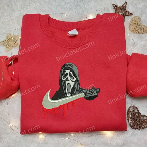 Scream Ghostface x Nike Swoosh Embroidered Shirt, Horror Movie Embroidered Hoodie, Halloween Embroidered Sweatshirt