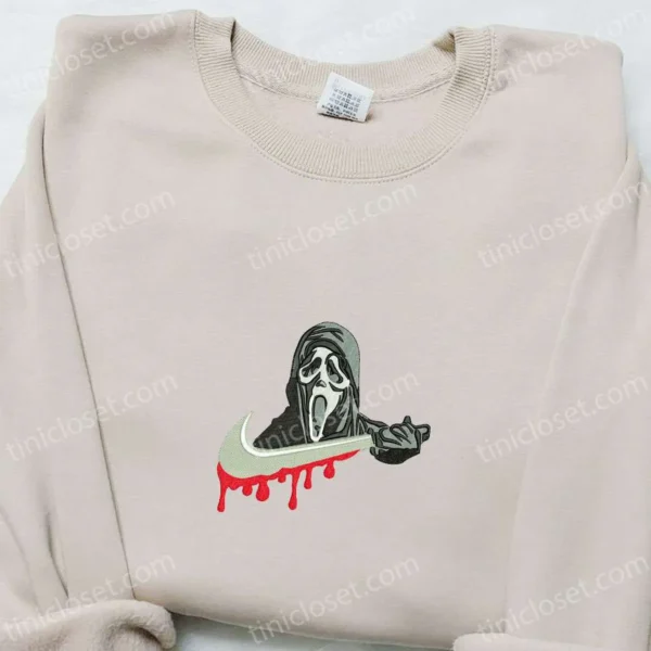 Scream Ghostface x Nike Swoosh Embroidered Shirt, Horror Movie Embroidered Hoodie, Halloween Embroidered Sweatshirt