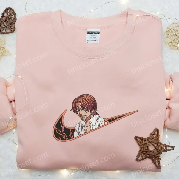 Shanks x Swoosh Anime Embroidered Hoodie, One Piece Embroidered Sweatshirt, Custom Embroidered Hoodie