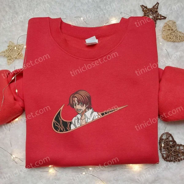 Shanks x Swoosh Anime Embroidered Hoodie, One Piece Embroidered Sweatshirt, Custom Embroidered Hoodie