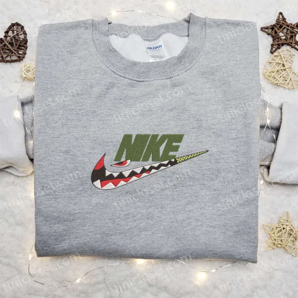 Shark Bathing Ape x Swoosh Embroidered Hoodie, Nike Inspired Embroidered Sweatshirt, Custom Embroidered Hoodie