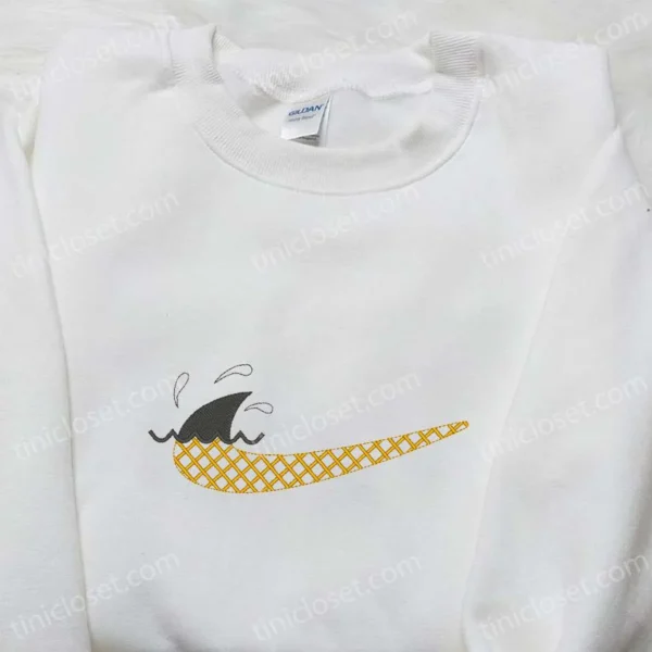 Shark Tail x Swoosh Embroidered Shirt, Nike Inspired Embroidered Hoodie, Custom Nike Embroidered T-shirt