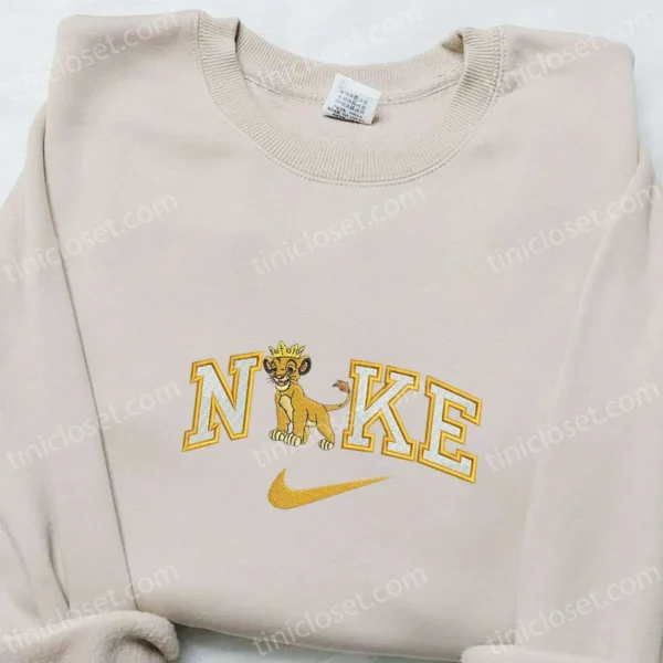 Simba With Crown x Nike Embroidered Shirt, Disney Characters Embroidered Hoodie, Nike Inspired Embroidered Sweatshirt