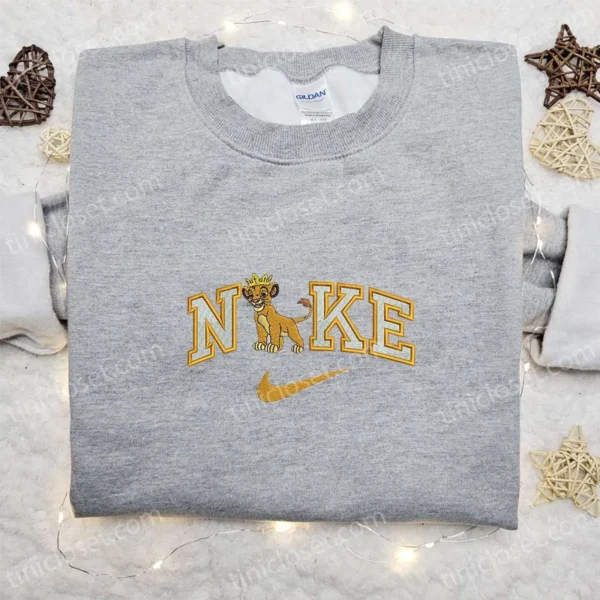 Simba With Crown x Nike Embroidered Shirt, Disney Characters Embroidered Hoodie, Nike Inspired Embroidered Sweatshirt