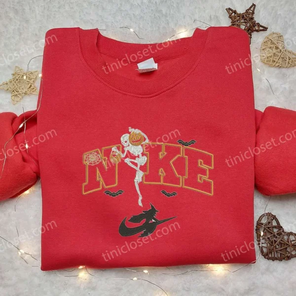 Skeleton Pumpkin Witch x Nike Embroidered Sweatshirt, Nike Inspired Embroidered Shirt, Best Halloween Gift Ideas