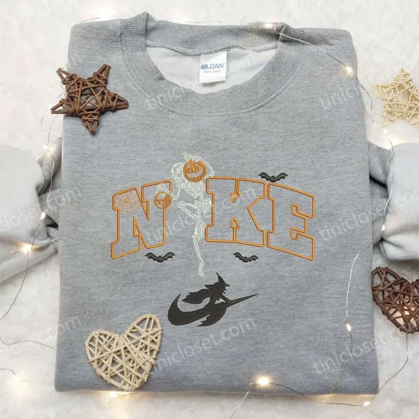 Skeleton Pumpkin Witch x Nike Embroidered Sweatshirt, Nike Inspired Embroidered Shirt, Best Halloween Gift Ideas