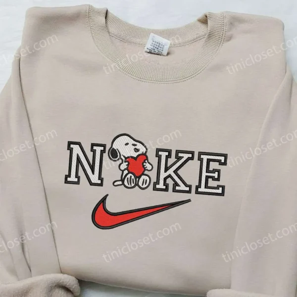 Snoopy Heart x Nike Embroidered Sweatshirt, Peanuts Cartoon Embroidered Shirt, Nike Inspired Embroidered Shirt