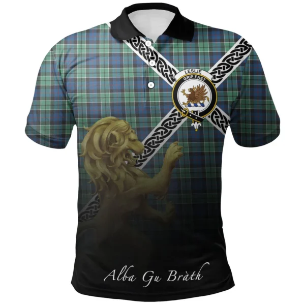 Scottish Leslie Hunting Clan Crest Tartan Polo Shirt, Long Polo, Zipper Polo - Celtic with Scotland Lion