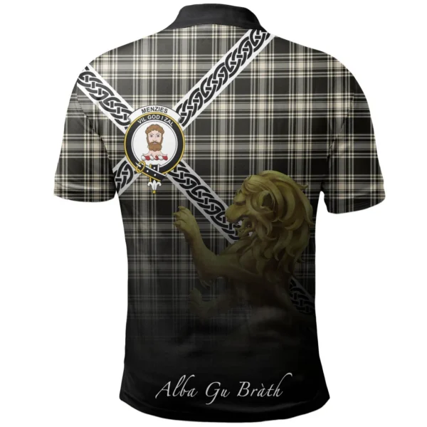 Scottish Menzies Black & White Ancient Clan Crest Tartan Polo Shirt, Long Polo, Zipper Polo - Celtic with Scotland Lion