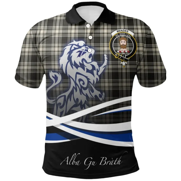 Scottish Menzies Black & White Ancient Clan Crest Tartan Polo Shirt, Long Polo, Zipper Polo - Scotland Lion