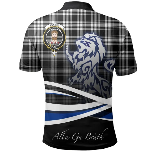 Scottish Menzies Black & White Modern Clan Crest Tartan Polo Shirt, Long Polo, Zipper Polo - Scotland Lion