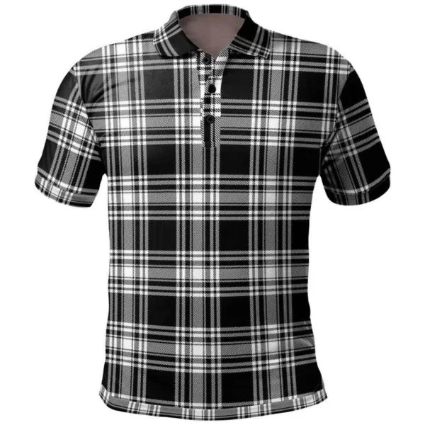 Scottish Menzies Black & White Modern Clan Tartan Polo Shirt, Long Polo, Zipper Polo